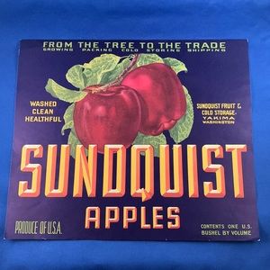 SUNDQUIST APPLES - WASHED CLEAN HEALTHFUL - ORIGINAL 1940 CRATE LABEL